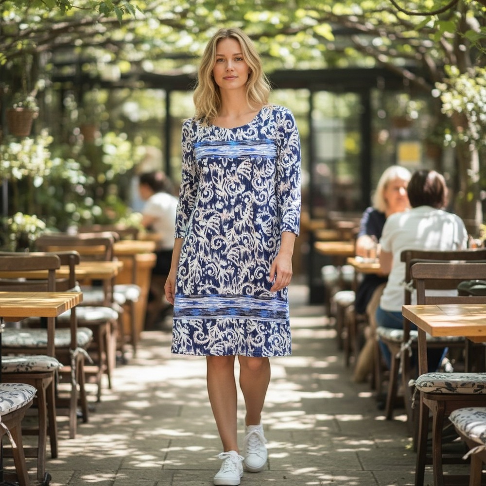 BCBGMAXAZRIA Womens Blue White Ikat Print 3/4 Sleeve Shift Dress Size M